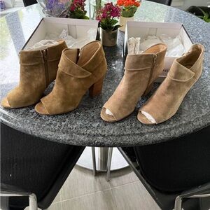 Suede Peep-Toe Ankle Boots - Tan